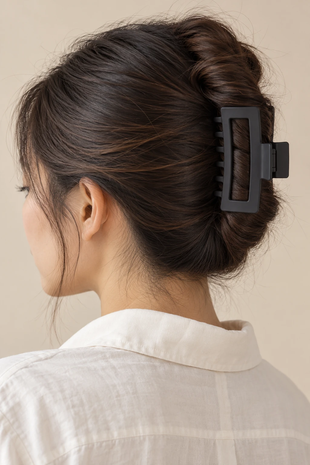 Generated rear three-quarter reference showing dark hair fully gathered into a vertical twist with an unbranded black rectangular claw clip.
