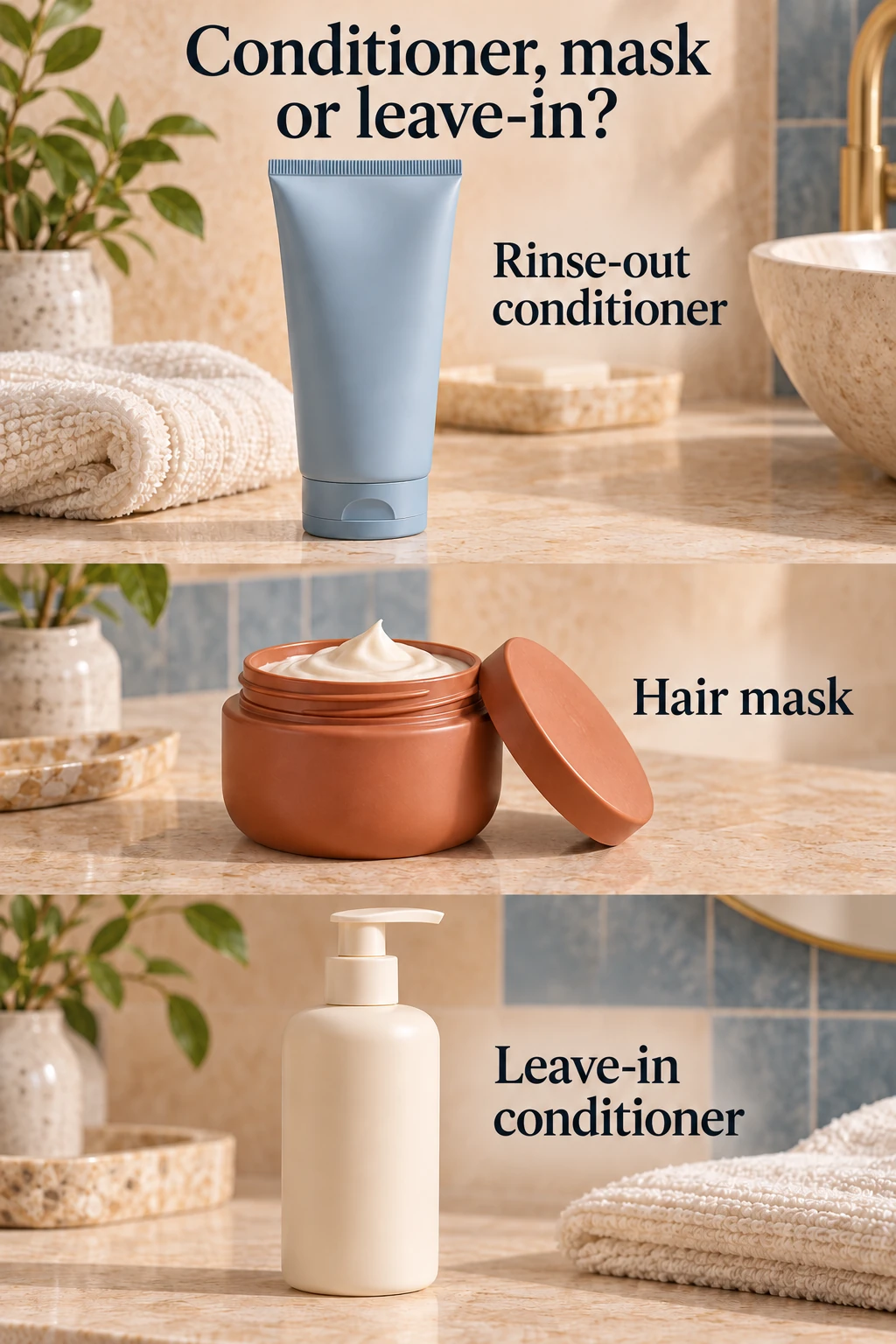 Illustrated generic conditioning products in three labeled groups: a blue tube for rinse-out conditioner, a terracotta jar for hair mask and an ivory pump bottle for leave-in conditioner.
