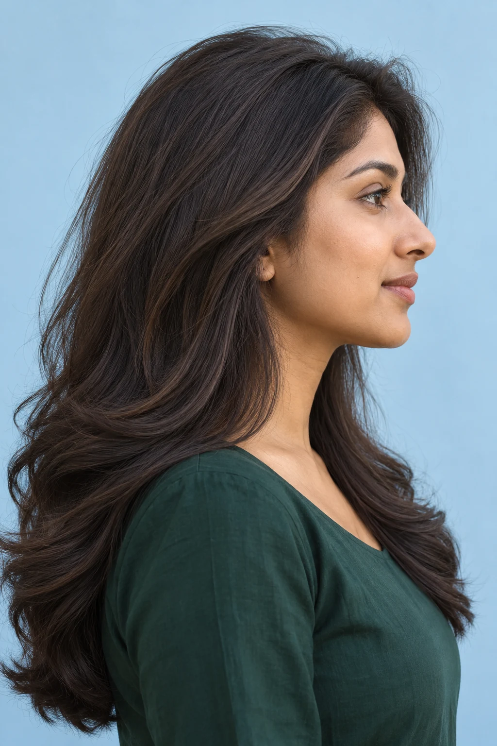Long dark hair with a side-swept front and broad outward bends through the lower lengths, shown in profile.