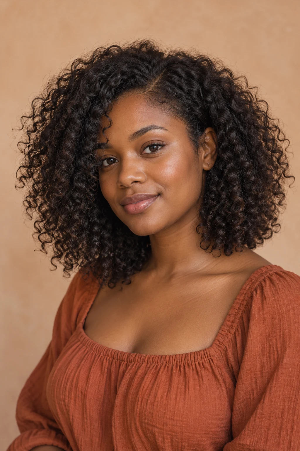 Shoulder-length dark curls worn loose with a side part and a rounded outline.