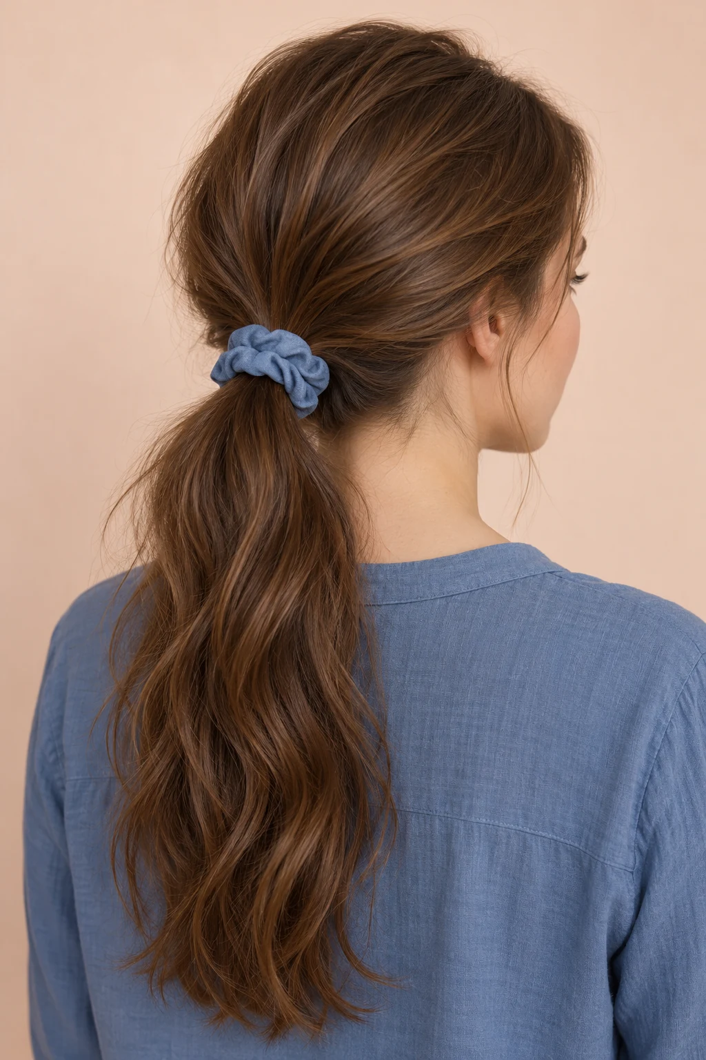 Long chestnut hair gathered at the nape with a muted blue scrunchie.