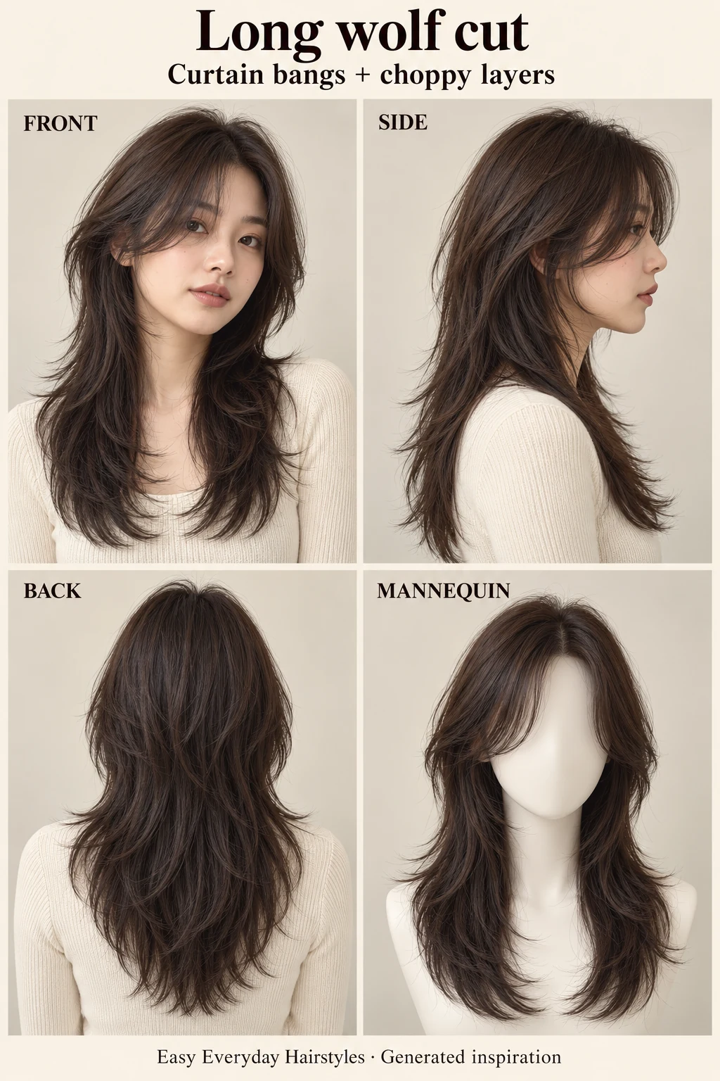 Generated long wolf cut shown from front, side, back and on a mannequin