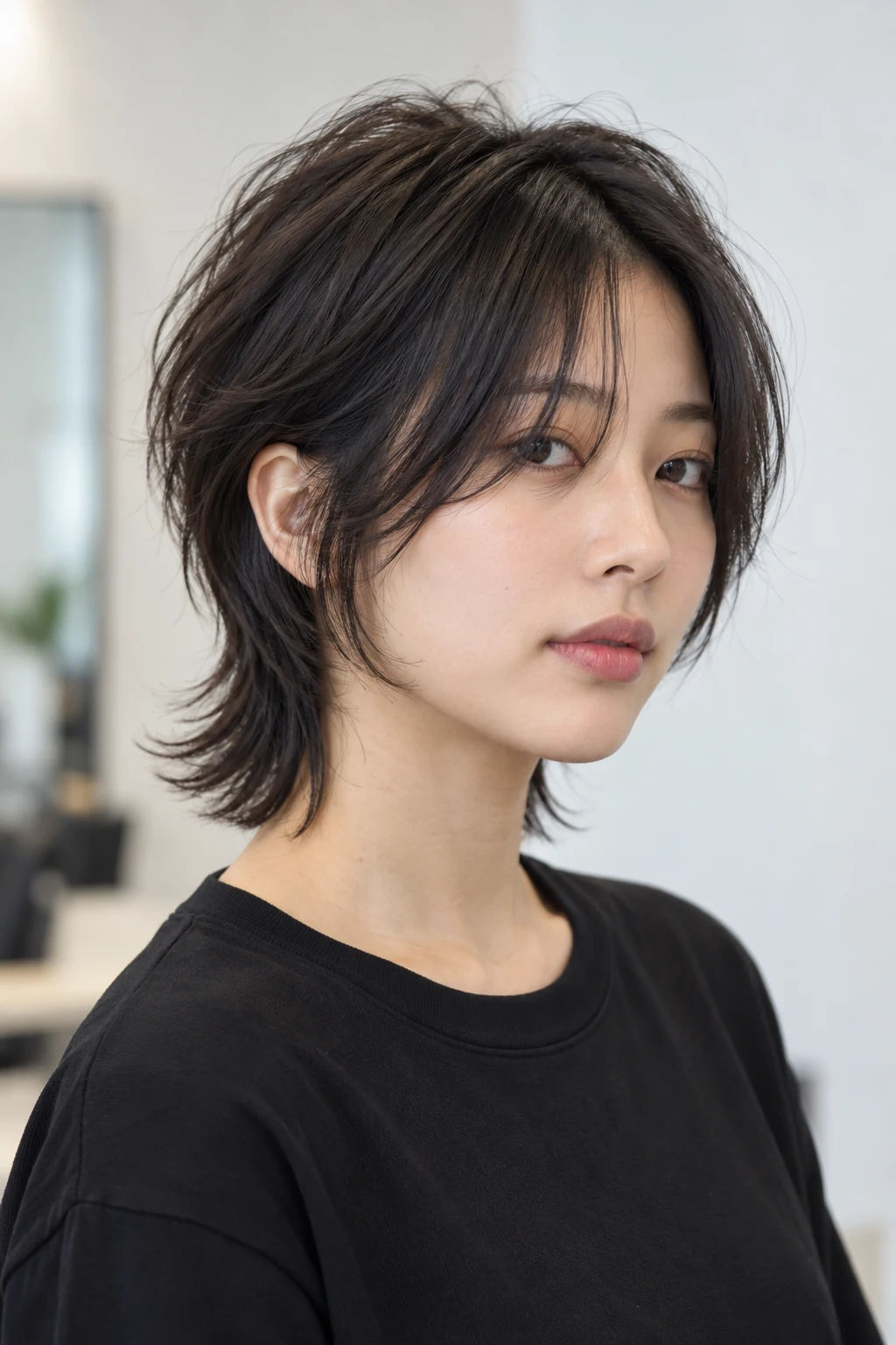Short dark wolf haircut with choppy crown layers, separated curtain bangs and a longer feathered nape.