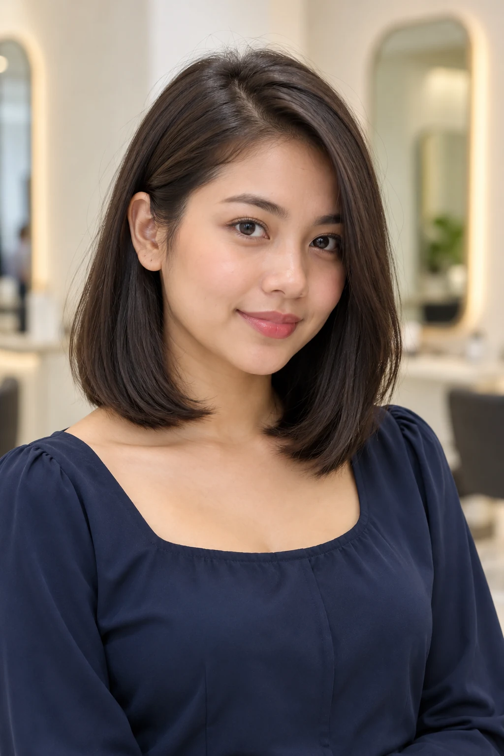 Adult Asian woman with a dark shoulder-length lob, defined side part and clean gently curved ends.