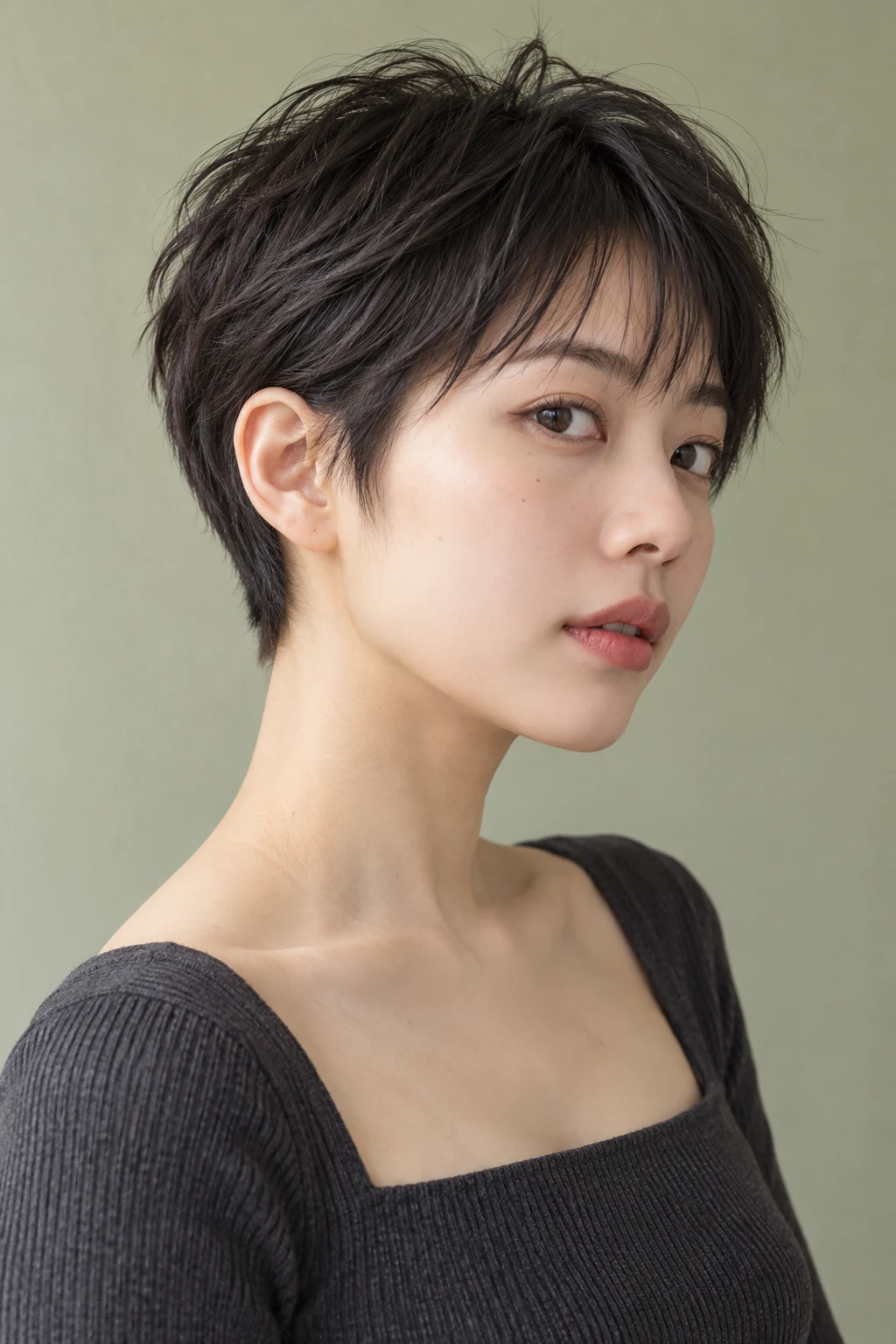 Adult Asian woman with a dark textured pixie, short tapered nape, exposed ear and separated crown pieces.