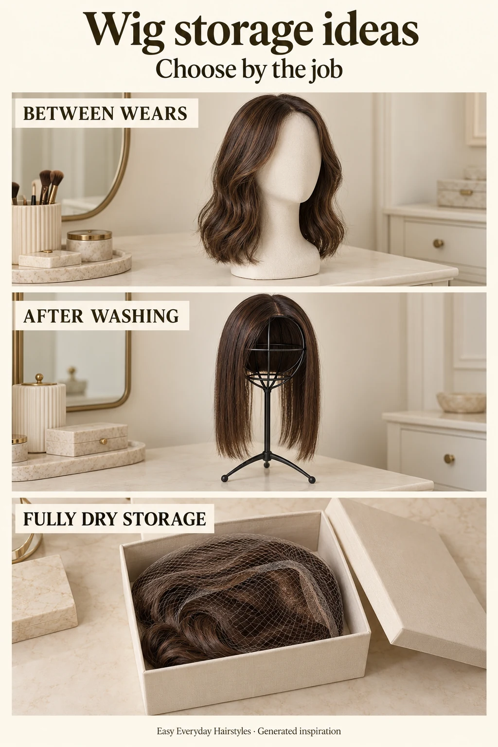 Generated comparison showing a brown wig on a faceless support, a wig on an open wire stand, and a fully dry wig in a net inside an open box.