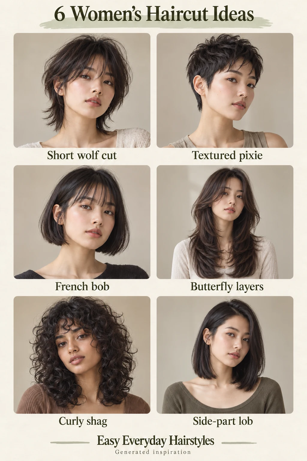 Six labeled photographic-style women’s haircut references: short wolf cut, textured pixie, French bob, butterfly layers, curly shag and side-part lob.